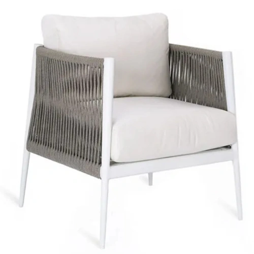 LUCE ARMCHAIR IN WHITE WITH ALUMINIUM SEAT AND ROPE BACKREST