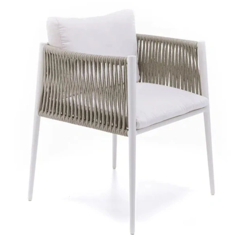 LUCE SMALL ARMCHAIR IN WHITE WITH ALUMINIUM SEAT AND ROPE BACKREST
